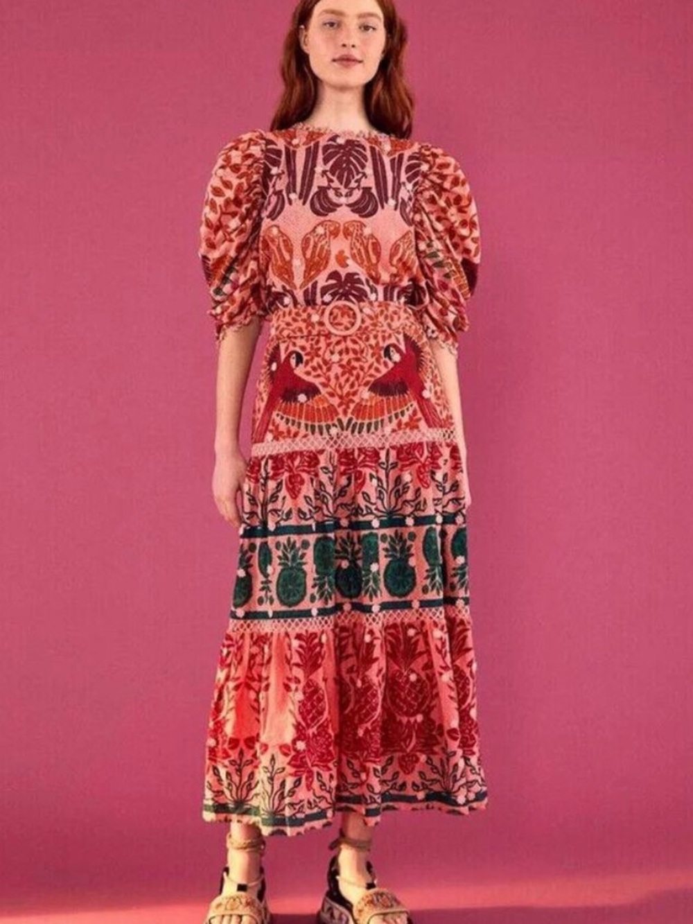 Farm Rio Ainiika Printed Tiered Maxi Skirt with Belt Pink Red Green M NWOT - Picture 2 of 16